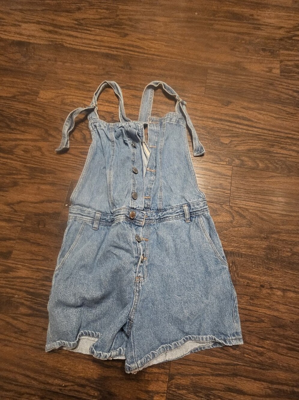 Womens Light Blue Denim Short Overalls with Tie Straps